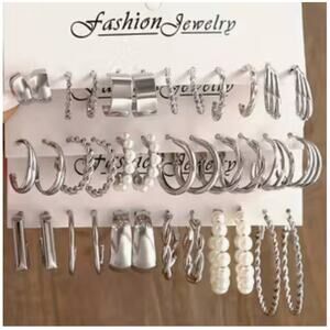 NWT Fashion Jewelry 36-Piece Silver Faux Pearl Decor Twist Hoop Earrings Set